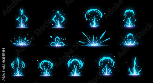 Dynamic blue energy bursts and magical effects with glowing particles, perfect for game animation and visual storytelling.