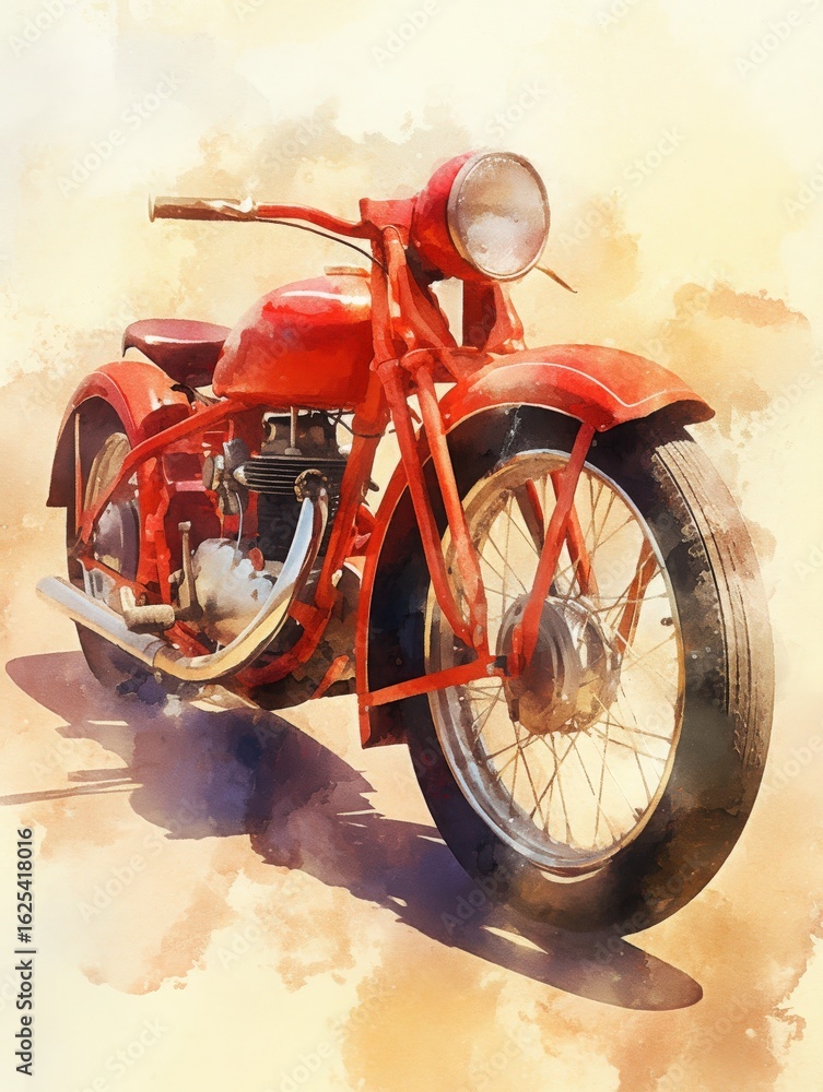 Fototapeta premium A vibrant red motorcycle stands prominently in the foreground under bright sunlight. The artistic watercolor background enhances its classic design, evoking nostalgia and charm.
