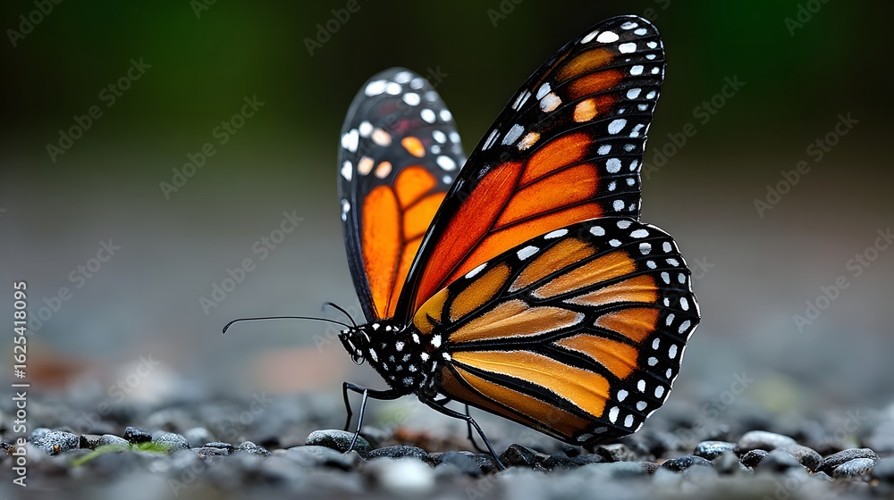 Fototapeta premium Monarch Butterfly Resting Wings Up on the Ground in a Natural Setting with Beautiful Orange and Black Wing Patterns