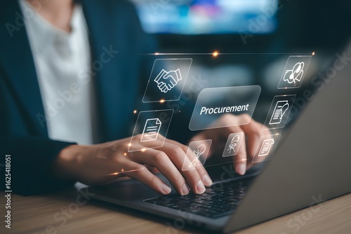 Procurement Process: A professional engrossed in managing a laptop, with augmented graphics highlighting the procurement steps, portraying the digital age of business operations.