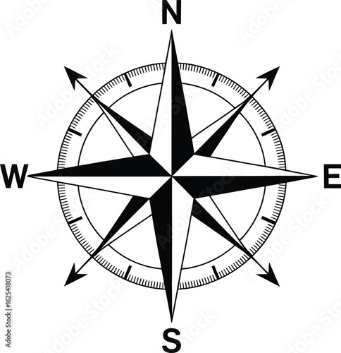 Black silhouette of a classic compass rose with cardinal directions and intermediate points on a white background