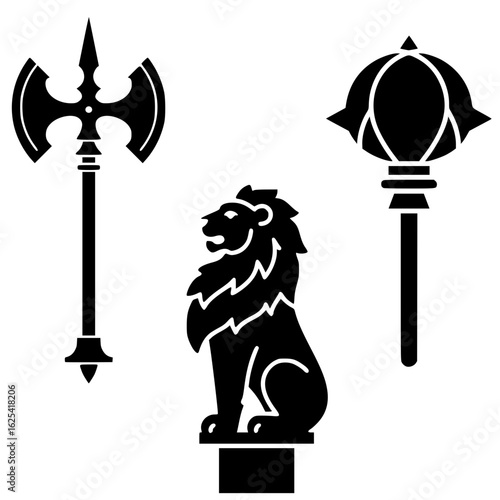 Traditional weapons and lion statue in silhouette design  - flagpole finial vectors