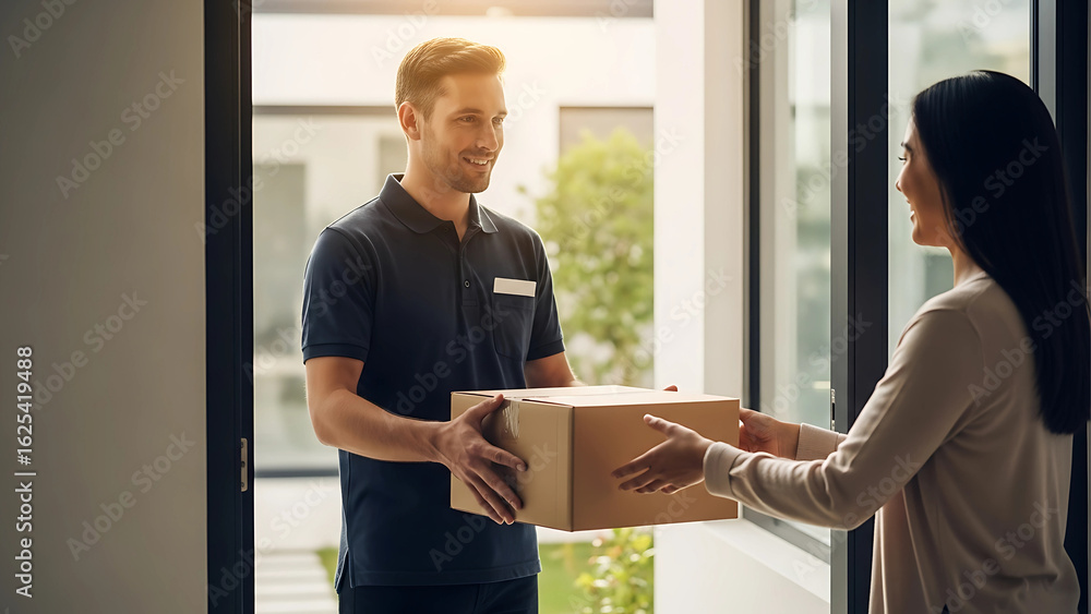 Fototapeta premium A smiling delivery man hands over a package to a woman at her front door during a sunny afternoon, representing friendly and reliable courier service.