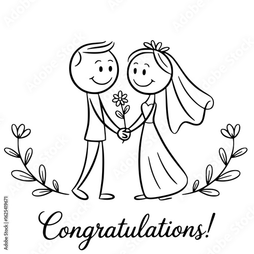 Eternal Union: A hand-drawn illustration captures a newlywed couple radiating love and happiness on their special day, as they exchange vows and cherish their blossoming future. 