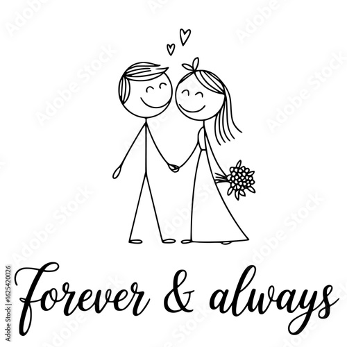 Eternal bond: a drawing captures a couple's enduring love in a simple yet sweet way, complemented by the Forever & Always script, depicting lasting commitment.