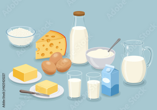 Fresh dairy products and eggs beautifully arranged, showcasing healthy ingredients for breakfast or cooking inspiration