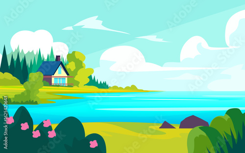 Scenic lakeside house surrounded by trees and flowers with calm water and blue sky in flat vector illustration
