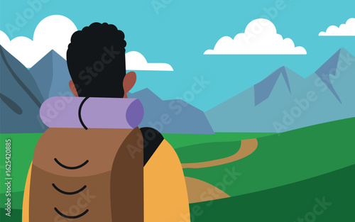 A backpacker hiking in a landscape with mountains and a field on a sunny day. Natural eco tourism