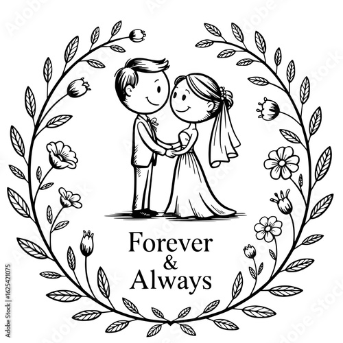 Eternal Bond: A heartwarming illustration capturing the tender moment of a couple's wedding, cradled within a floral wreath, symbolizing enduring love and a promise of Forever & Always.