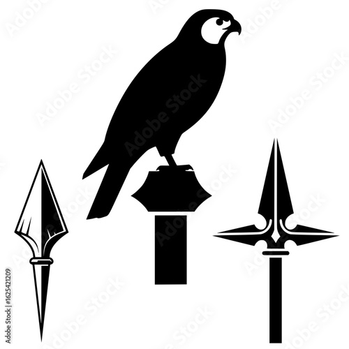 Falcon silhouette with spears in black and white design - Flagpole finial vectors mini set