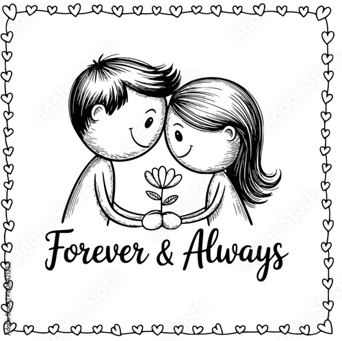 Forever & Always: An Illustration of Enduring Affection. A heartwarming, black and white illustration depicts an embracing couple, symbolizing eternal love and unity.