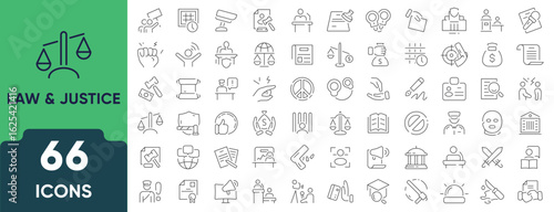Law and Justice line icon set. Includes 66 thin outline icons representing legal systems, court, judgment, rules, law enforcement, and legal services. Vector illustration. Editable stroke.