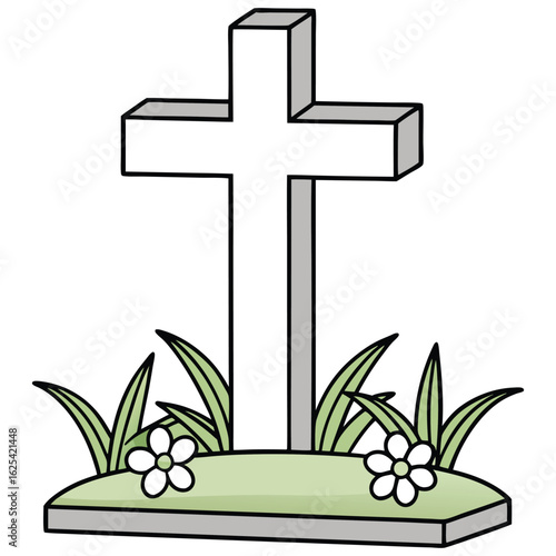 Cartoon Illustration of a Gravestone with Flowers in a Peaceful Cemetery