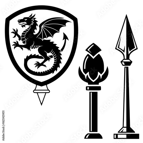 Flagpole finial vectors mini set - Medieval dragon shield and weapons illustration in black and white  