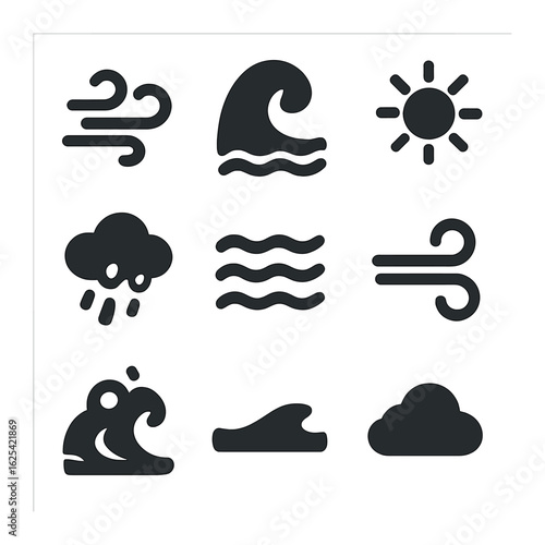 Ocean Breeze Icons. Solid, filled icons set of ocean breeze impressions: wind wave, sea curl, light mark, salt