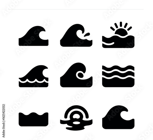 Shore Wave Icon Set. Solid, filled icons set of shore wave icons: tide edge, splash curve, foam line, surf
