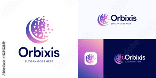 Modern digital with abstract pixel dispersion forming globe shape, Logo icon design vector illustration, Symbol half moon with disintegration pixelated for technology, brand identity, business company