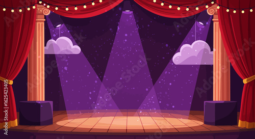 Captivating stage with dramatic purple spotlights, plush red curtains, and festive string lights, ready for your star performance or event announcement