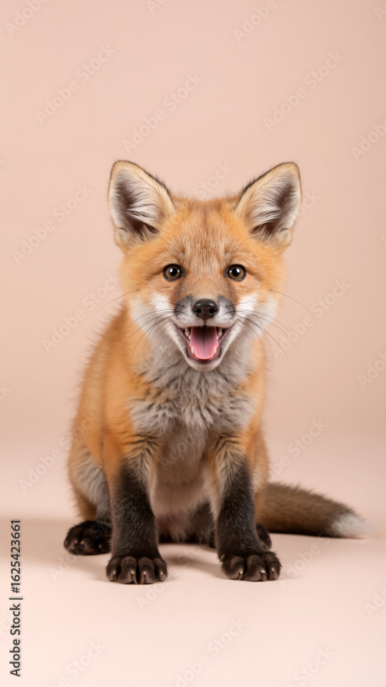 Fototapeta premium Vertical portrait of a happy red fox cub on a beige background. Cute baby fox with an open mouth looking at the camera.
