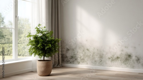 Mold growing on the wall in a living room corner with indoor plant
