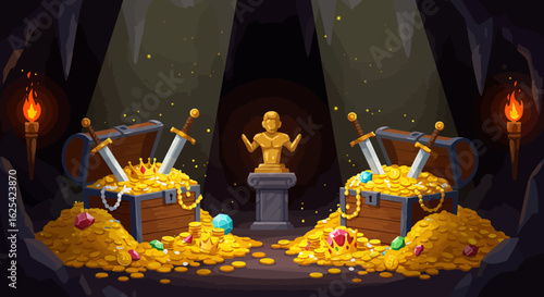 Discover a hidden cave filled with overflowing treasure chests, glittering gold coins, sparkling jewels, crowns, and ancient swords illuminated by flickering torches, promising riches and adventure.