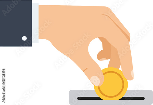 Hand placing a gold coin into a slot, suggesting saving or investment.