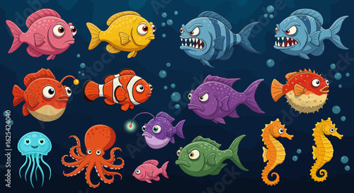 Vibrant underwater scene showcasing a playful collection of diverse cartoon sea creatures in a deep blue ocean environment