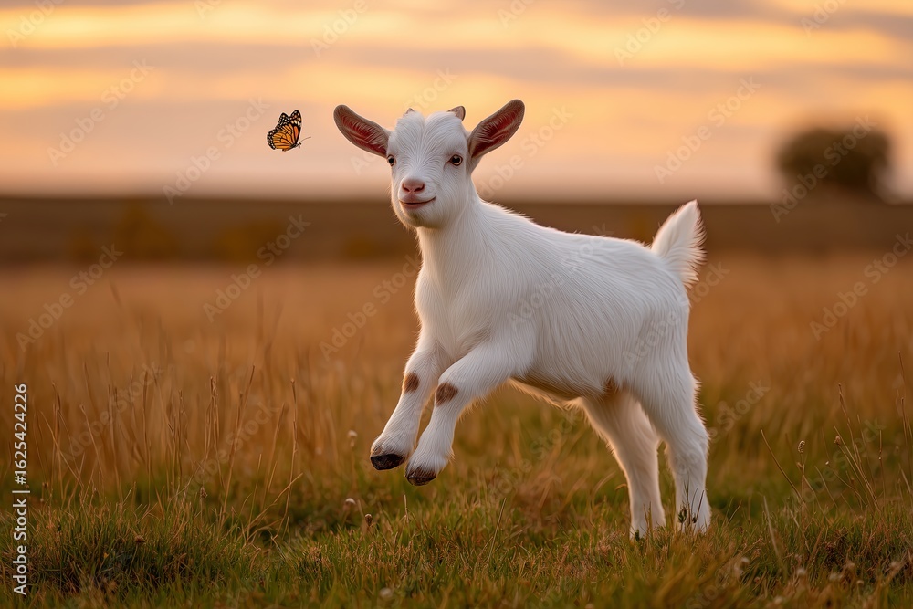 Obraz premium Happy White Kid Goat Leaping in Meadow with Monarch Butterfly at Sunset for Joyful Farm Animal Wildlife Concept