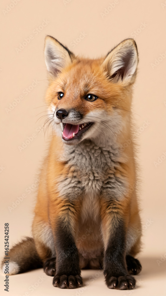 Fototapeta premium Vertical portrait of a happy red fox cub sitting on a beige background. Cute baby fox with an open mouth.