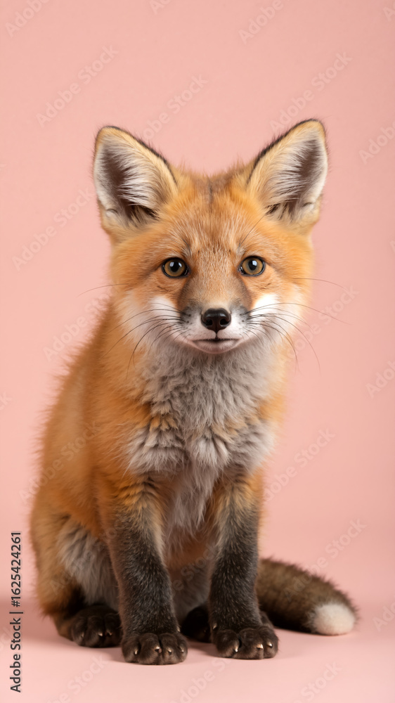 Fototapeta premium Vertical portrait of a young red fox cub sitting on a pink background. Cute baby fox looking at the camera.