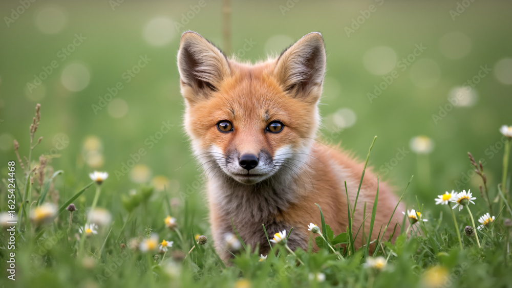 Naklejka premium A young red fox cub sitting in a grassy field with daisies. Cute baby fox looking at the camera in a spring meadow.