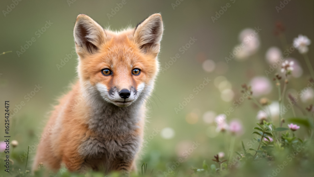 Naklejka premium A young red fox cub sitting in a meadow with clover flowers. Cute baby fox looking at the camera in a green field. Wildlife in spring with copy space.