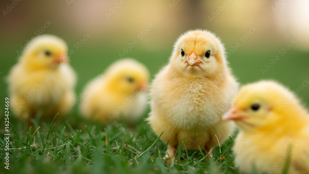 Obraz premium A group of cute yellow baby chicks on green grass. Four small fluffy chickens together in a spring meadow. Easter and new life concept.