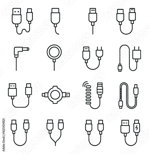 Cables linear icon set. including usb, hdmi, ethernet, charger, connector, audio jack, coaxial, adapter.