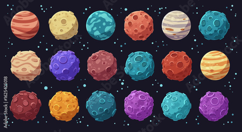 Explore a vibrant collection of stylized planets in a captivating cosmic display, perfect for educational and creative projects.