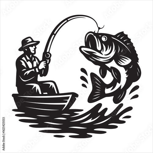 Fisherman catching a big bass with fishing rod
