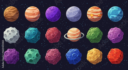 Vibrant collection of diverse planets and celestial bodies in outer space, showcasing a colorful cosmic panorama for educational or futuristic concepts.