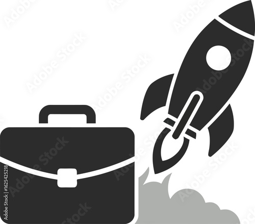 A briefcase launching skyward on a rocket, symbolizing rapid business growth and success.