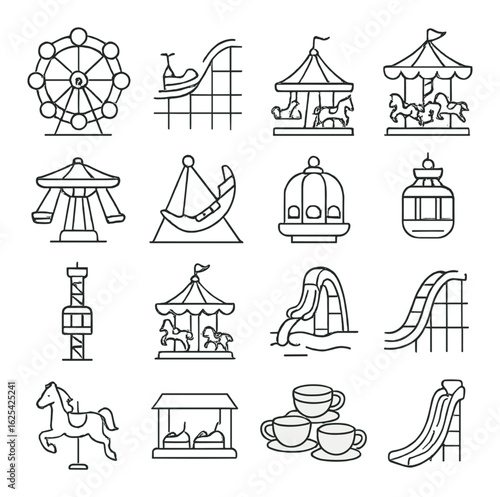 Amusement park rides outline: ferris wheel, carousel, roller coaster, slide, swing sets