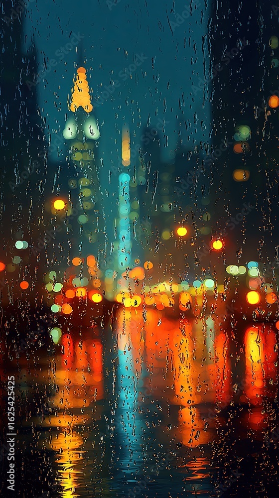Obraz premium Rainy Night Cityscape View From Window