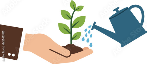 Nurturing growth: a hand carefully cradles a young plant while a watering can gently provides water.