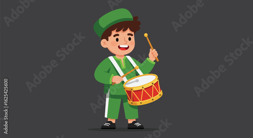 Cartoon Boy Playing Drum with Green Hat