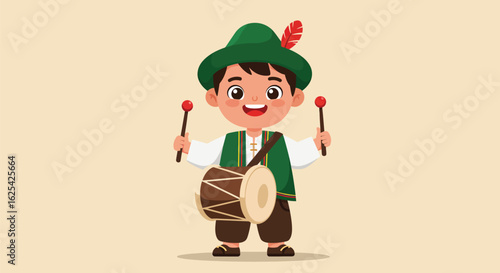 Cartoon Boy Playing Drum with Green Hat