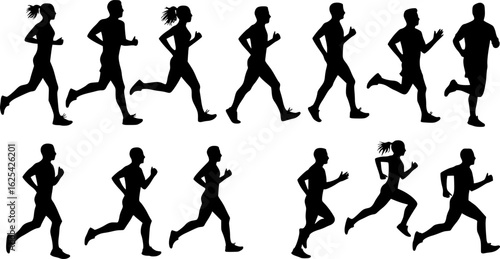 Run. Running men and women, vector set of isolated silhouettes

