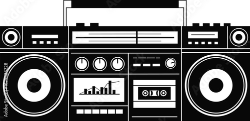 Retro boombox silhouette, vintage cassette player vector, portable radio icon, flat black graphic, 1980s audio device, old stereo clipart