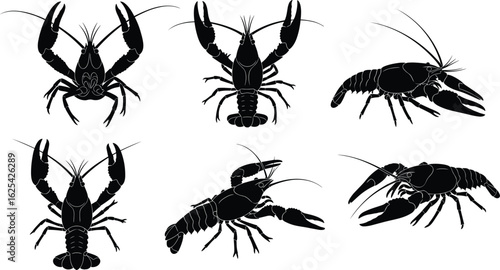 Black lobster silhouettes, marine crustacean clipart set, isolated seafood vector icons, front and side views, cad drawing, flat illustration