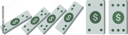 Falling domino-style stacks of stylized dollar bills, suggesting financial instability or a chain reaction.