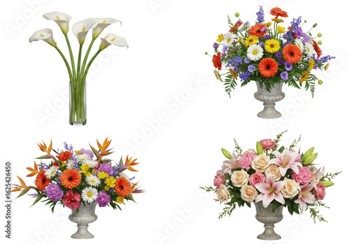 Photo of four colorful floral arrangements in ornate vases, isolated on transparent background, bringing a touch of nature indoors