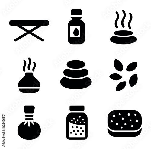Wellness Therapy Icons. Solid, filled icons set of wellness therapy: massage table, essential oil, steam icon,