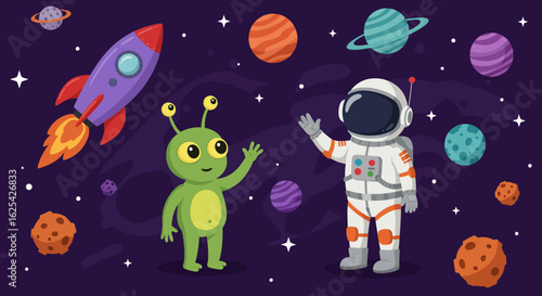 Friendly alien waves hello to astronaut exploring vibrant galaxy with rockets and planets, sparking cosmic wonder and imagination